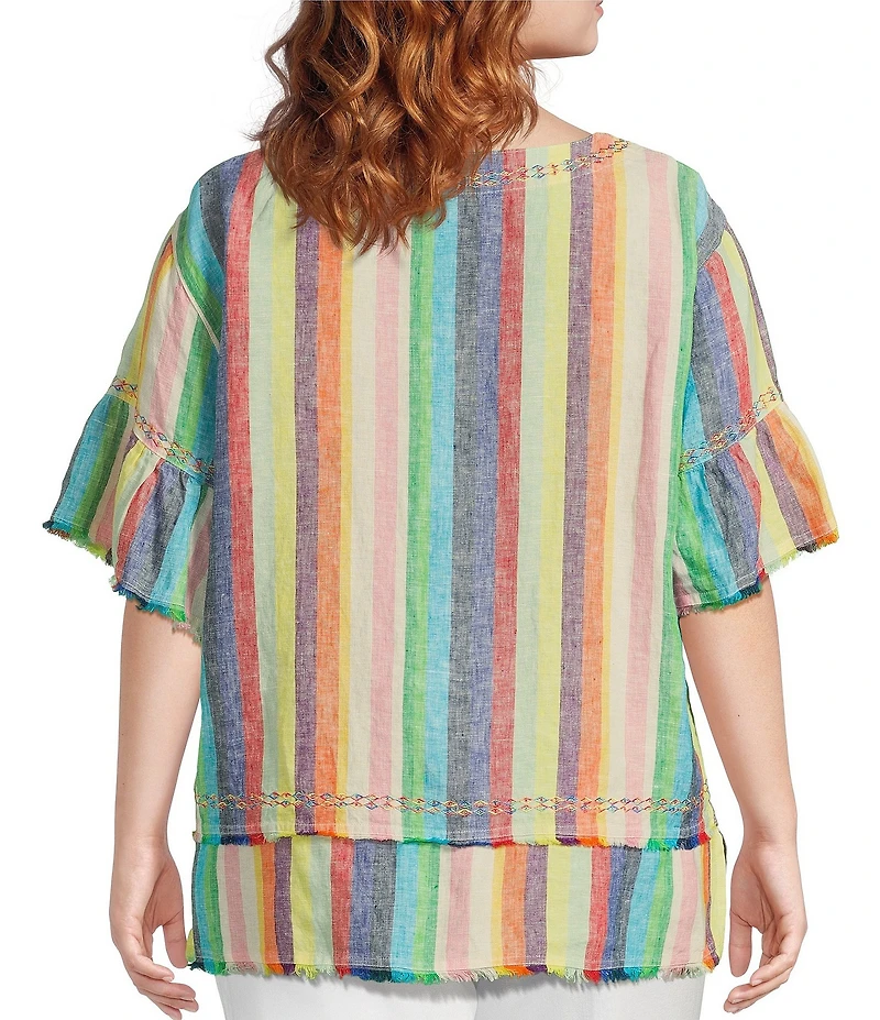 John Mark Plus Size Embroidered Yarn-Dye Stripe Crew Neck Short Ruffle Hi-Low Hem Top