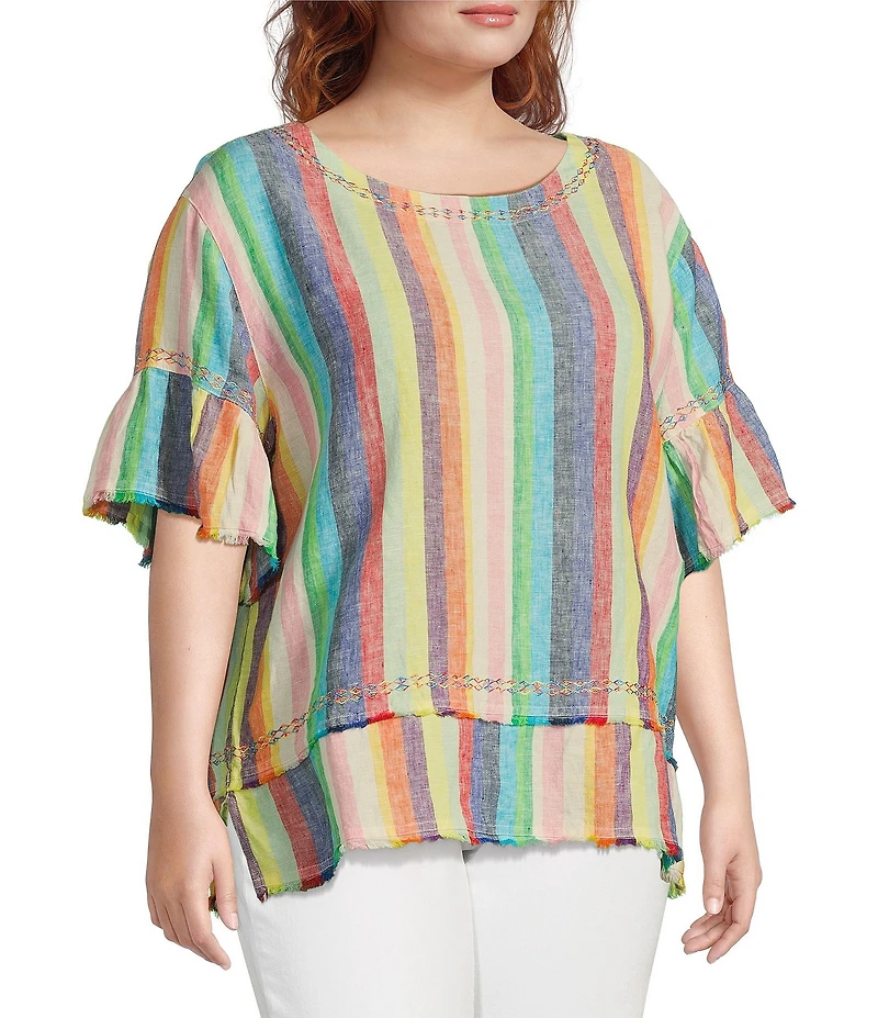 John Mark Plus Size Embroidered Yarn-Dye Stripe Crew Neck Short Ruffle Hi-Low Hem Top