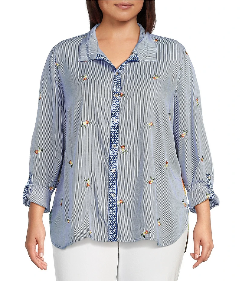 John Mark Plus Size Embroidered Yarn-Dye Stripe Wire Collar Long Roll-Tab Sleeve Button Front Shirt