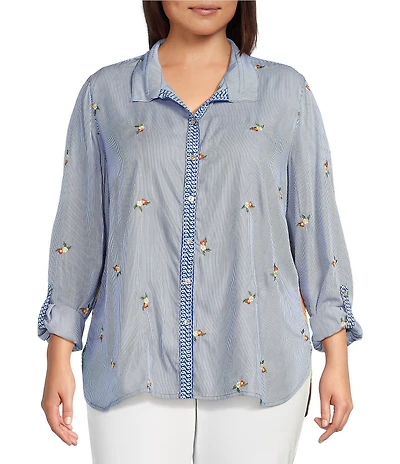 John Mark Plus Size Embroidered Yarn-Dye Stripe Wire Collar Long Roll-Tab Sleeve Button Front Shirt