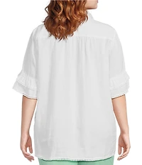 John Mark Plus Size Embroidery Wire Neck Elbow Length Sleeve Hi-Low Hem Tunic