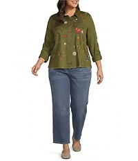 John Mark Plus Size Floral And Butterfly Point Collar Long Roll-Tab Sleeve Button Front Shirt