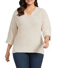 John Mark Plus Size Floral Applique Split V-Neck Elbow Sleeve Knit Sweater