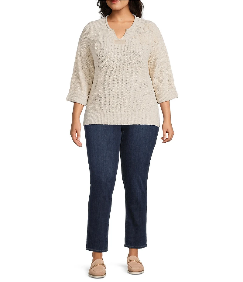 John Mark Plus Size Floral Applique Split V-Neck Elbow Sleeve Knit Sweater
