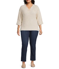 John Mark Plus Size Floral Applique Split V-Neck Elbow Sleeve Knit Sweater