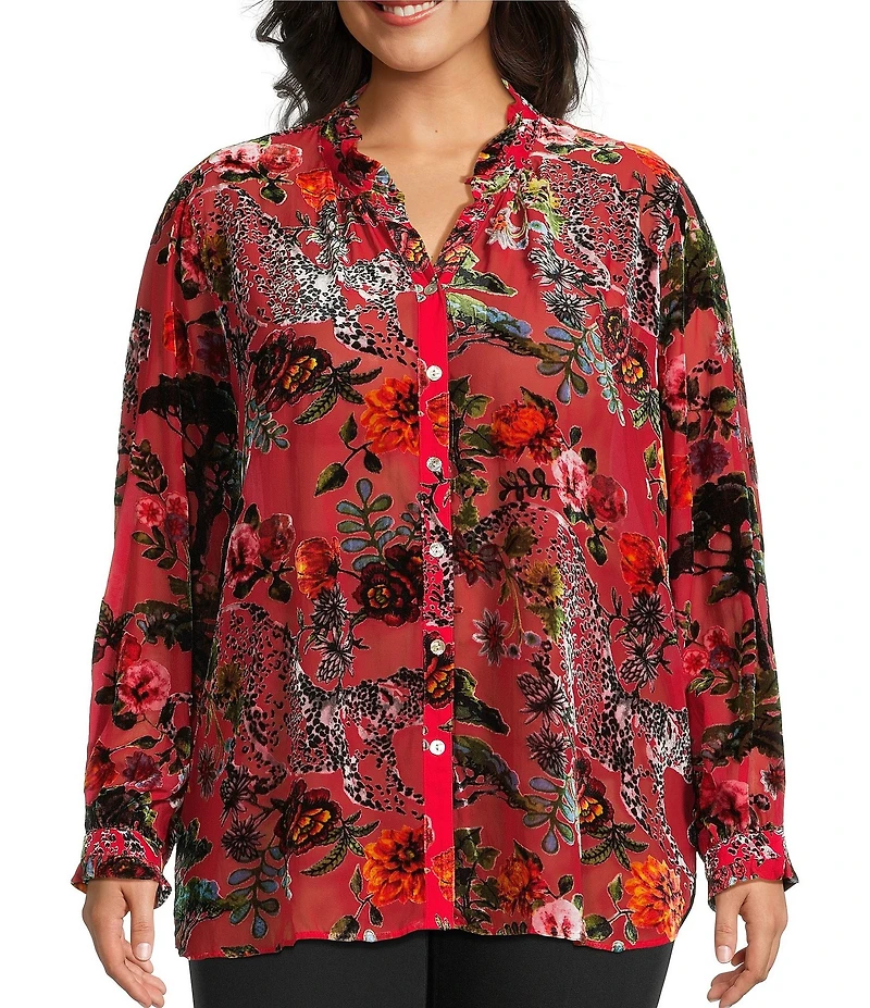 John Mark Plus Size Floral Cheetah Print Burnout Velvet Ruffled Round Neck Long Sleeve Button Front Blouse