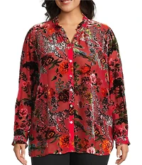 John Mark Plus Size Floral Cheetah Print Burnout Velvet Ruffled Round Neck Long Sleeve Button Front Blouse