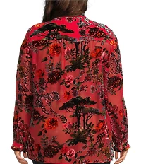 John Mark Plus Size Floral Cheetah Print Burnout Velvet Ruffled Round Neck Long Sleeve Button Front Blouse