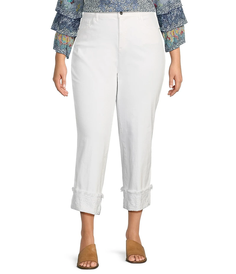 John Mark Plus Size Floral Embroidered Fringe Hem Straight Leg Pants