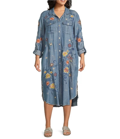 John Mark Plus Size Floral Embroidered Long Roll-Tab Sleeve Button Front Shirt Dress