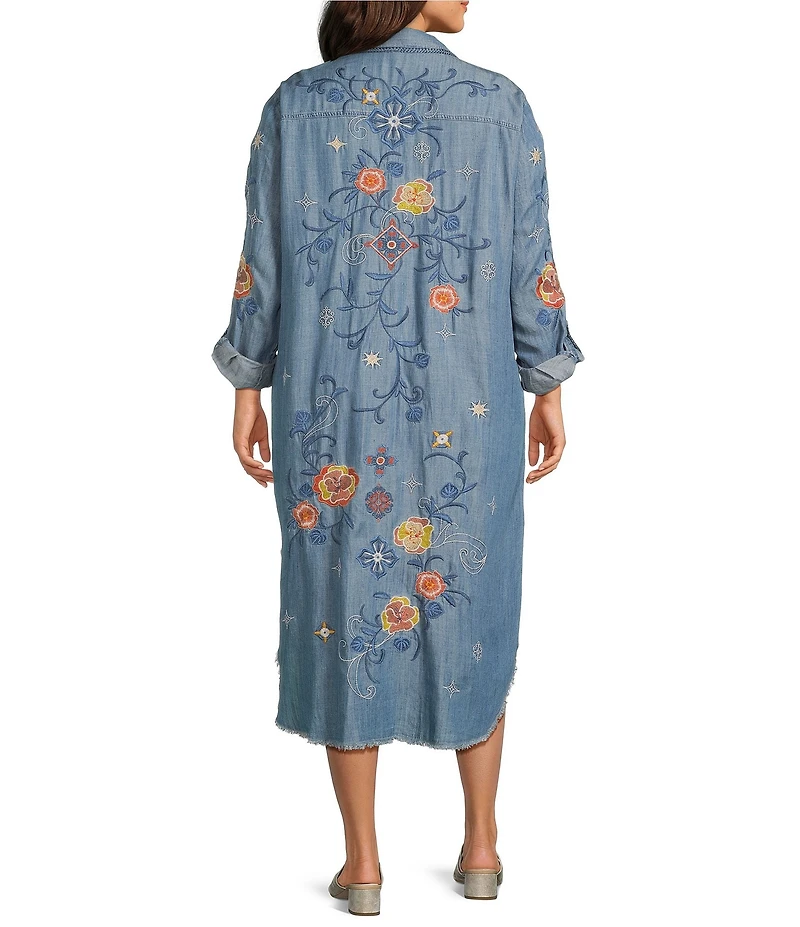 John Mark Plus Size Floral Embroidered Long Roll-Tab Sleeve Button Front Shirt Dress