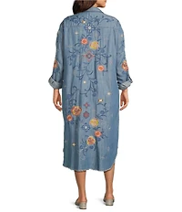 John Mark Plus Size Floral Embroidered Long Roll-Tab Sleeve Button Front Shirt Dress