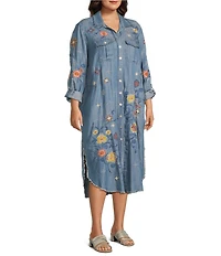 John Mark Plus Size Floral Embroidered Long Roll-Tab Sleeve Button Front Shirt Dress
