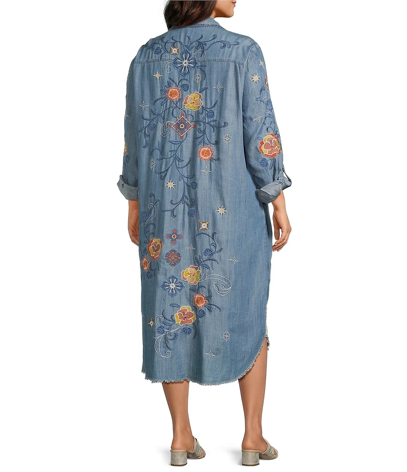 John Mark Plus Size Floral Embroidered Long Roll-Tab Sleeve Button Front Shirt Dress