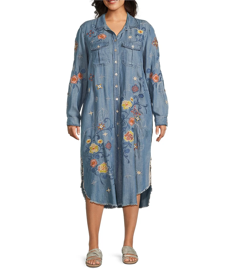 John Mark Plus Size Floral Embroidered Long Roll-Tab Sleeve Button Front Shirt Dress
