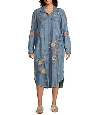 John Mark Plus Size Floral Embroidered Long Roll-Tab Sleeve Button Front Shirt Dress