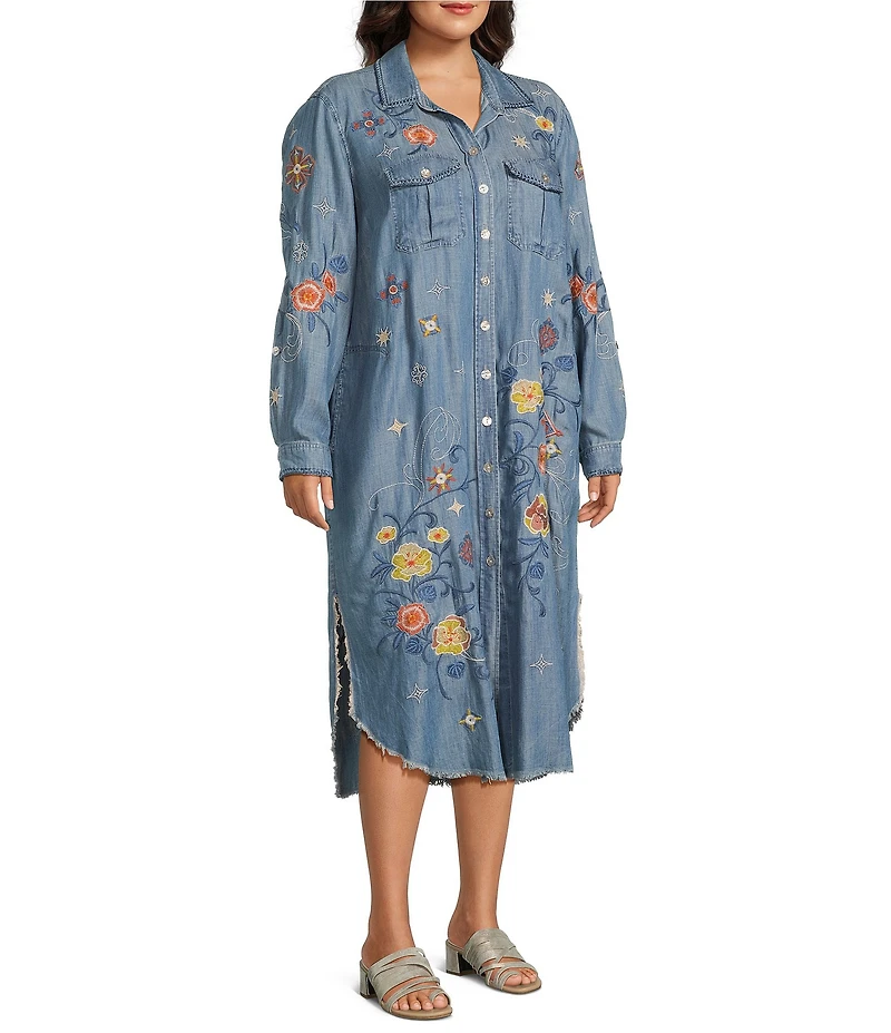 John Mark Plus Size Floral Embroidered Long Roll-Tab Sleeve Button Front Shirt Dress