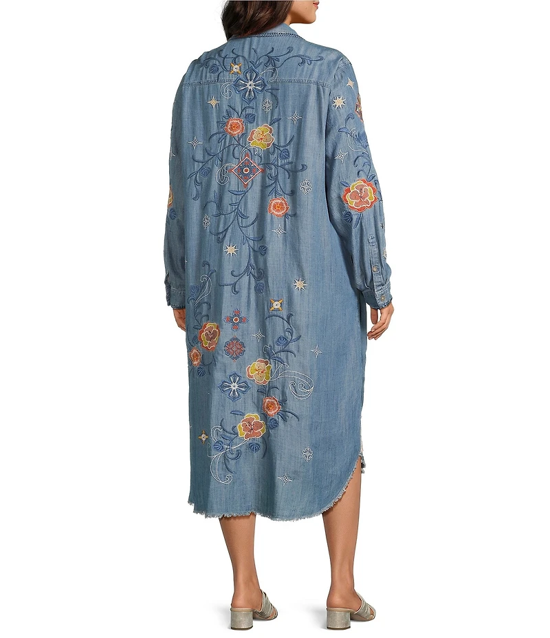 John Mark Plus Size Floral Embroidered Long Roll-Tab Sleeve Button Front Shirt Dress
