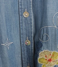 John Mark Plus Size Floral Embroidered Long Roll-Tab Sleeve Button Front Shirt Dress