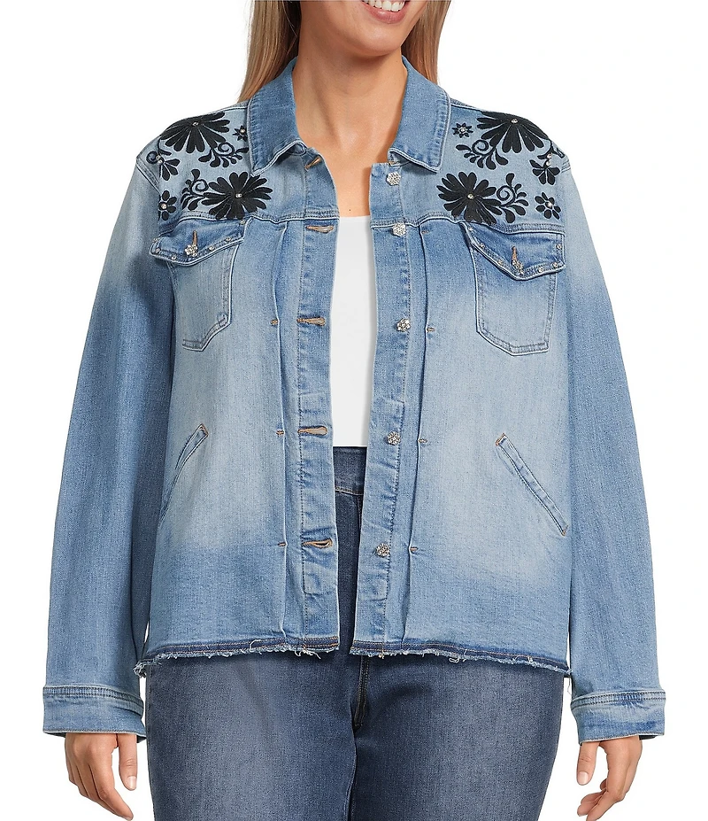 John Mark Plus Size Floral Embroidered Notch Collar Embellished Long Sleeve Button Front Denim Jacket