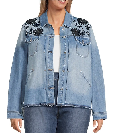 John Mark Plus Size Floral Embroidered Notch Collar Embellished Long Sleeve Button Front Denim Jacket