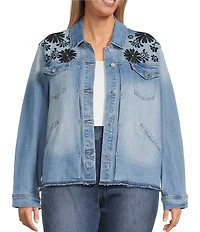 John Mark Plus Size Floral Embroidered Notch Collar Embellished Long Sleeve Button Front Denim Jacket