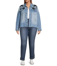 John Mark Plus Size Floral Embroidered Notch Collar Embellished Long Sleeve Button Front Denim Jacket