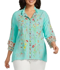 John Mark Plus Size Floral Embroidered Round Neck 3/4 Ruffle Tiered Sleeve Button Front Blouse