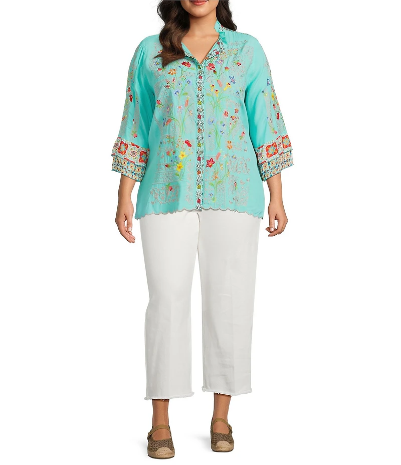 John Mark Plus Size Floral Embroidered Round Neck 3/4 Ruffle Tiered Sleeve Button Front Blouse