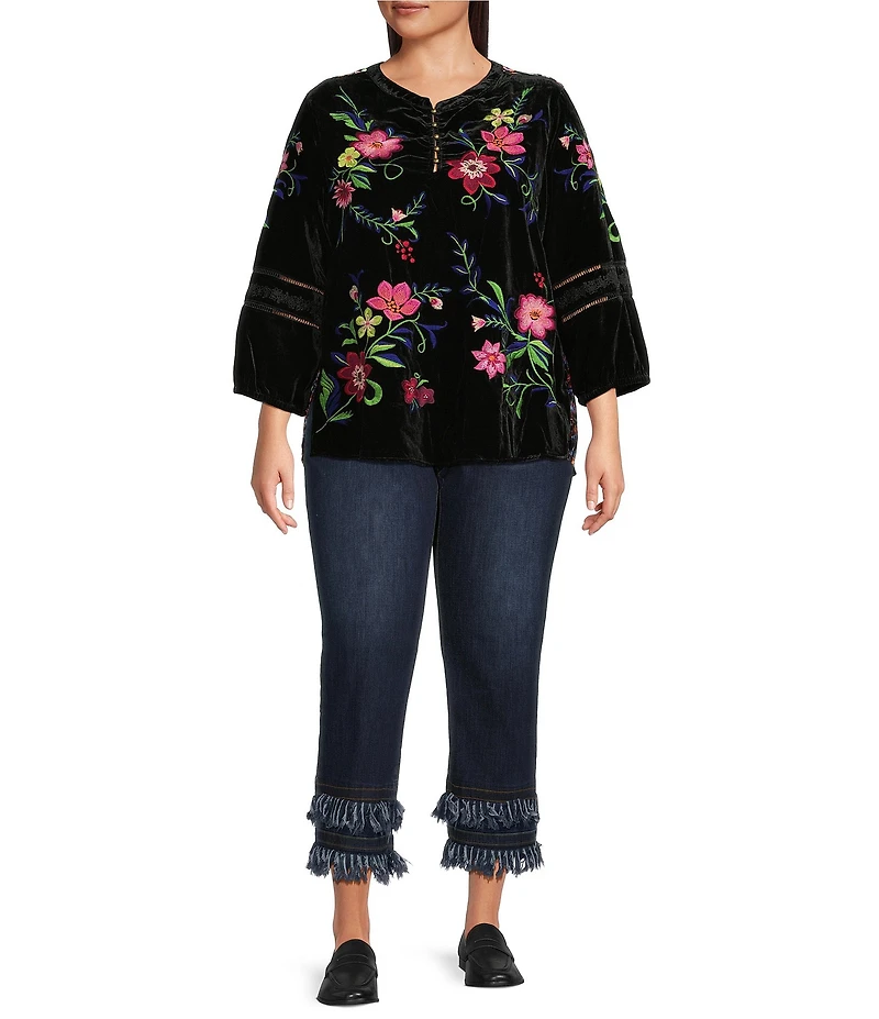 John Mark Plus Size Floral Embroidered Velvet Back Print Band Round Collar 3/4 Sleeve Tunic