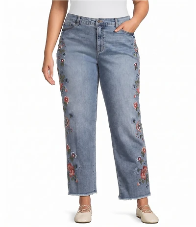 John Mark Plus Size Floral Embroidered Wide Leg Released Frayed Hem Jeans