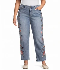John Mark Plus Size Floral Embroidered Wide Leg Released Frayed Hem Jeans