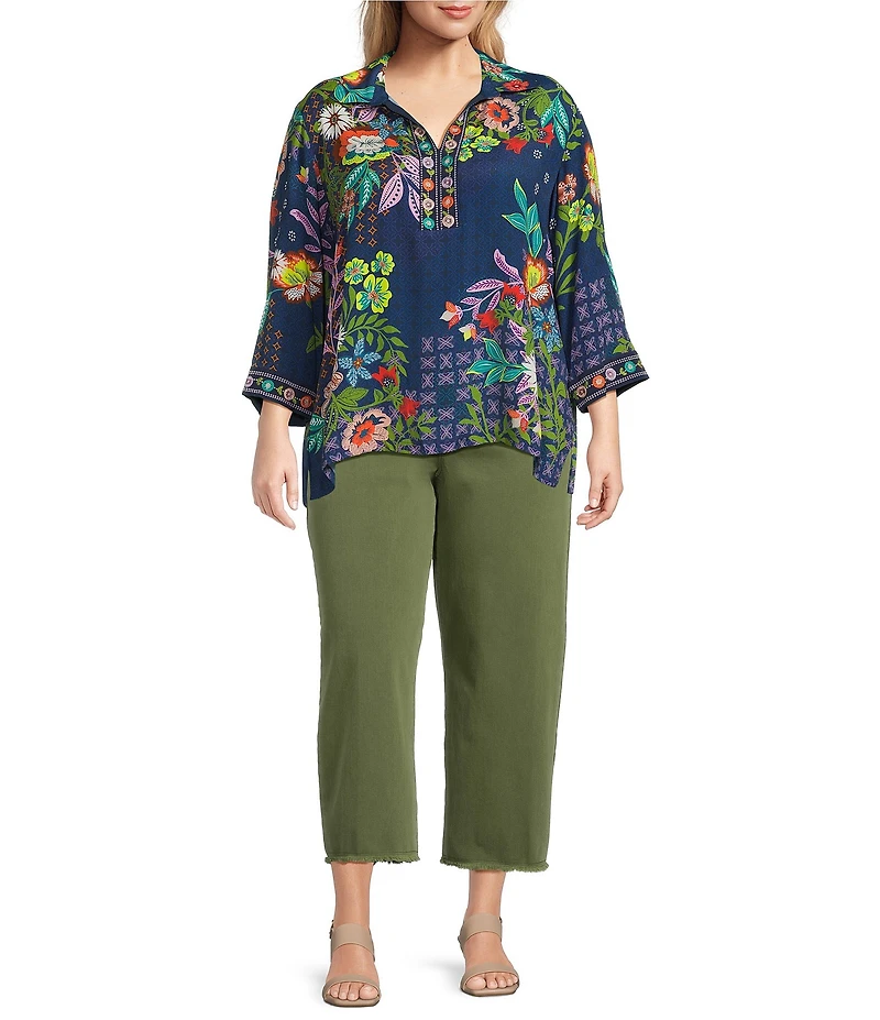 John Mark Plus Size Floral Embroidered Woven Point Collar 3/4 Cuff Sleeve Popover Top