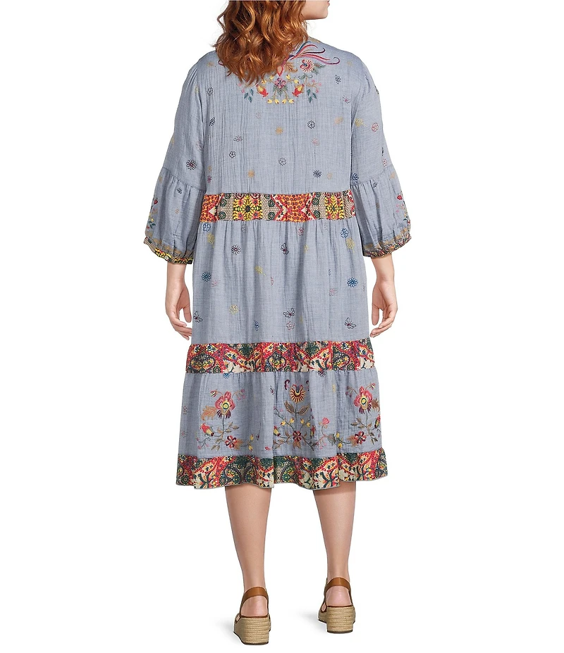 John Mark Plus Size Floral Embroidered Woven V-Neck 3/4 Sleeves Tiered Hem A-Line Midi Dress