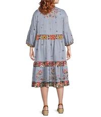 John Mark Plus Size Floral Embroidered Woven V-Neck 3/4 Sleeves Tiered Hem A-Line Midi Dress