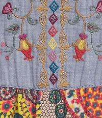 John Mark Plus Size Floral Embroidered Woven V-Neck 3/4 Sleeves Tiered Hem A-Line Midi Dress