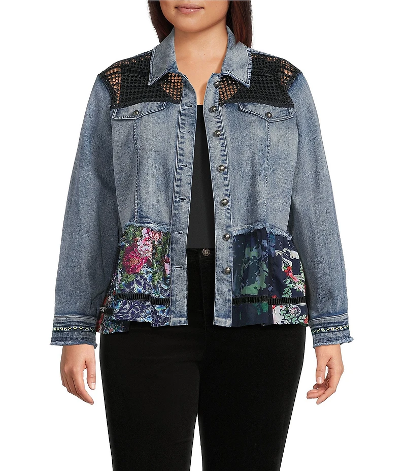 John Mark Plus Size Floral Lace Denim Point Collar 3/4 Sleeve Button Front Peplum Jacket