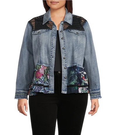 John Mark Plus Size Floral Lace Denim Point Collar 3/4 Sleeve Button Front Peplum Jacket