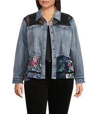 John Mark Plus Size Floral Lace Denim Point Collar 3/4 Sleeve Button Front Peplum Jacket