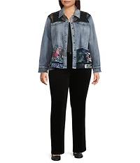 John Mark Plus Size Floral Lace Denim Point Collar 3/4 Sleeve Button Front Peplum Jacket