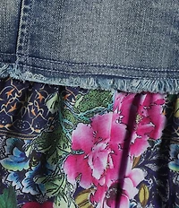 John Mark Plus Size Floral Lace Denim Point Collar 3/4 Sleeve Button Front Peplum Jacket