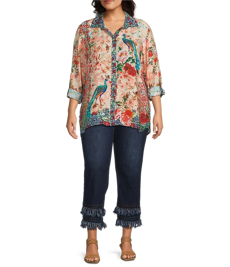 John Mark Plus Size Floral Multi Woven Point Collar Long Roll-Tab Sleeve Button Front Shirt