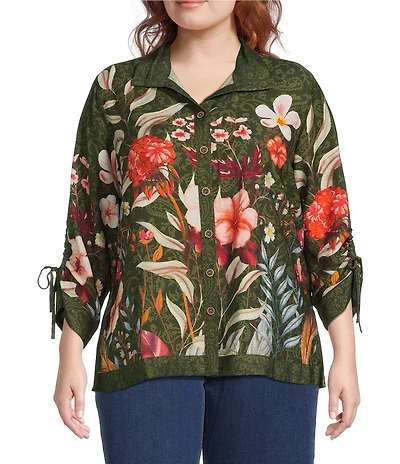 John Mark Plus Size Floral Print Wire Collar 3/4 Cinched Tie Sleeve Button Front Shirt