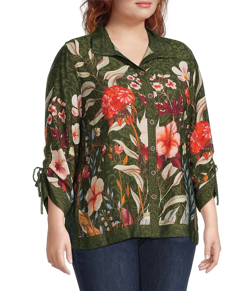 John Mark Plus Size Floral Print Wire Collar 3/4 Cinched Tie Sleeve Button Front Shirt