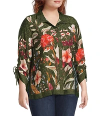 John Mark Plus Size Floral Print Wire Collar 3/4 Cinched Tie Sleeve Button Front Shirt