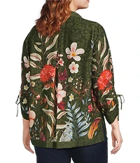 John Mark Plus Size Floral Print Wire Collar 3/4 Cinched Tie Sleeve Button Front Shirt