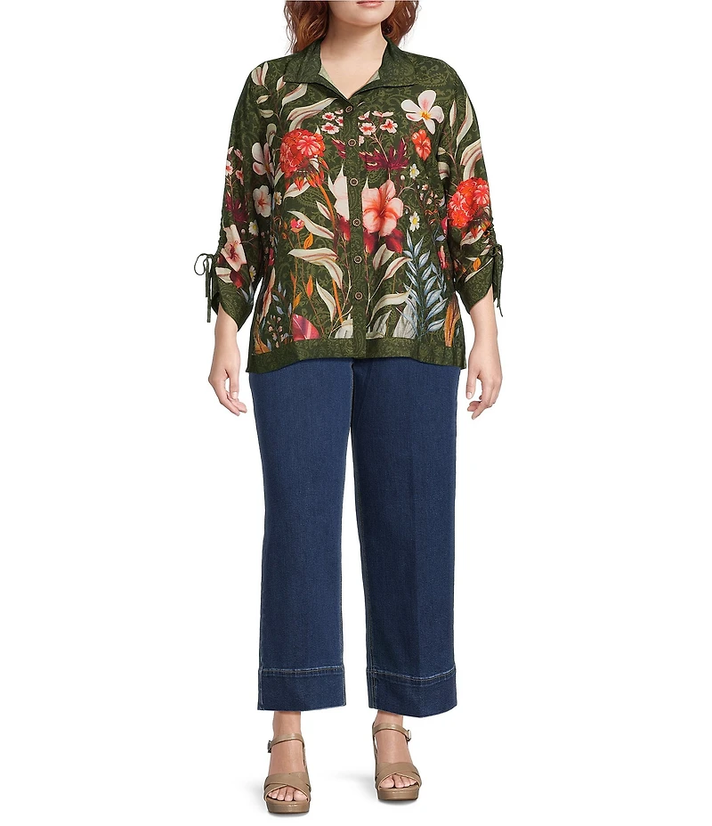 John Mark Plus Size Floral Print Wire Collar 3/4 Cinched Tie Sleeve Button Front Shirt
