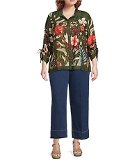 John Mark Plus Size Floral Print Wire Collar 3/4 Cinched Tie Sleeve Button Front Shirt