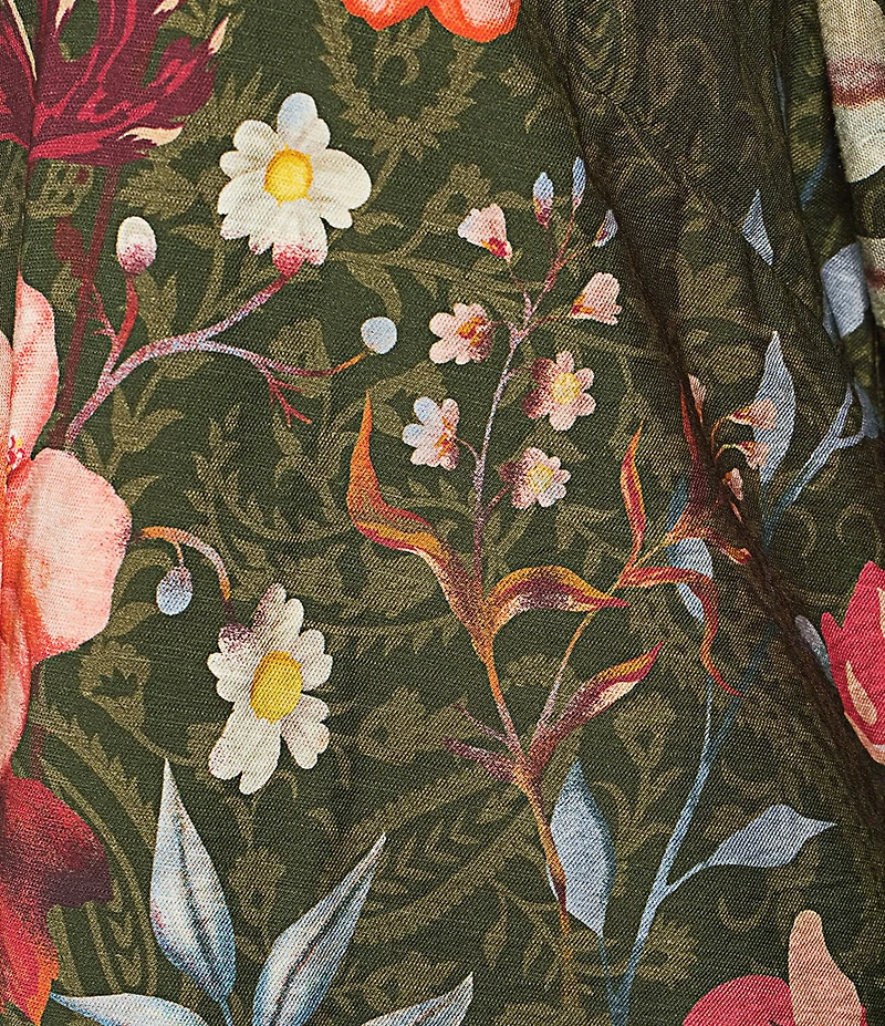 John Mark Plus Size Floral Print Wire Collar 3/4 Cinched Tie Sleeve Button Front Shirt