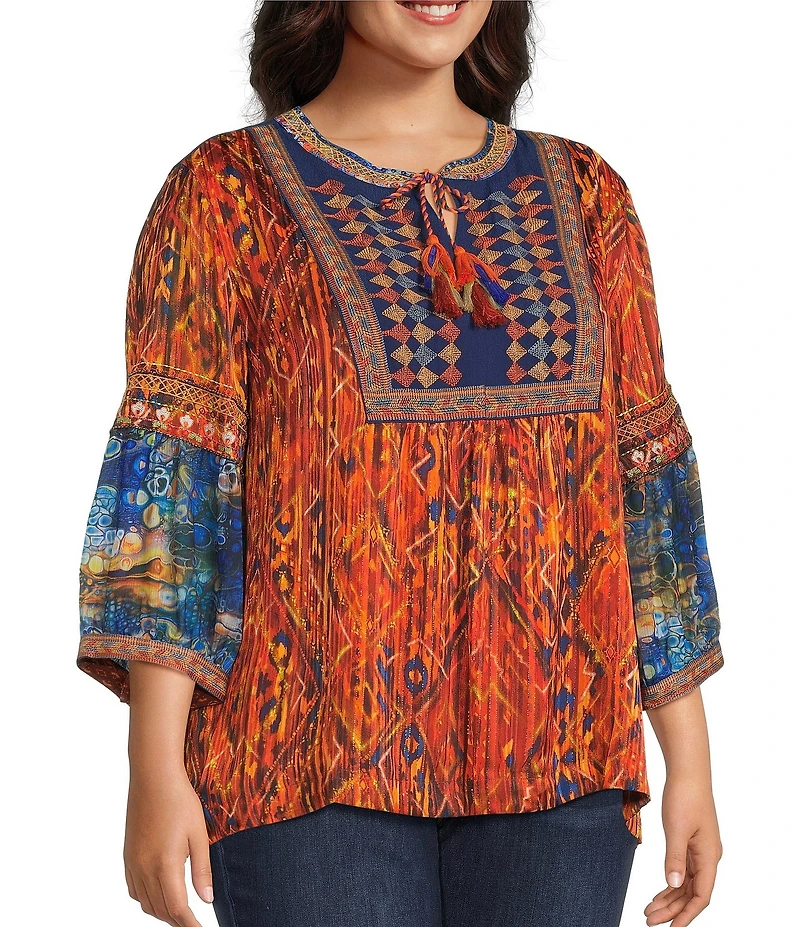 John Mark Plus Size Geometric Boho Spice Marble Print Embroidered Tassel Tie Split Neck 3/4 Sleeve Peasant Top